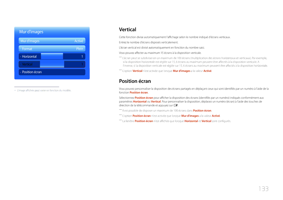 Samsung LH46UECPLGC/EN, LH55UECPLGC/EN manual 133, Vertical, Position écran 