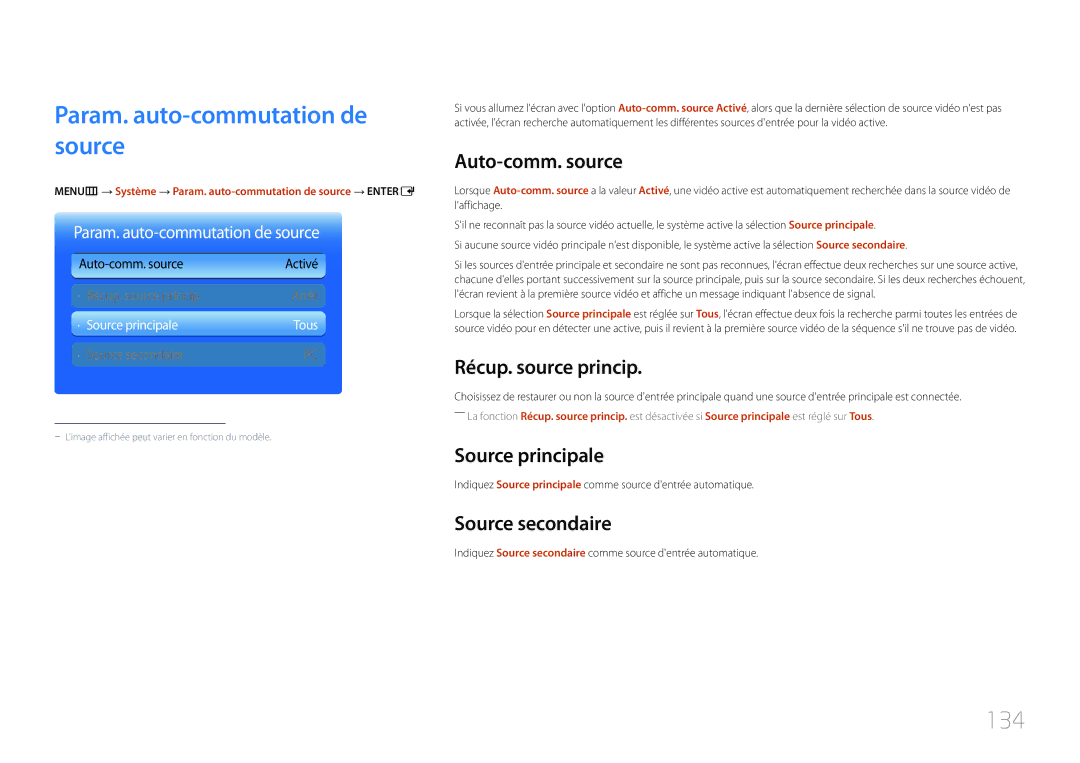 Samsung LH55UECPLGC/EN, LH46UECPLGC/EN 134, Auto-comm. source, Récup. source princip, Source principale, Source secondaire 