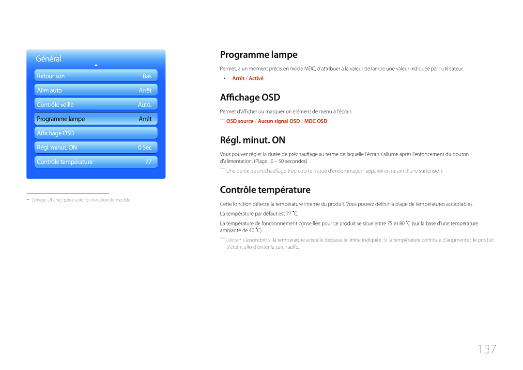 Samsung LH46UECPLGC/EN, LH55UECPLGC/EN manual 137, Programme lampe, Affichage OSD, Régl. minut. on, Contrôle température 