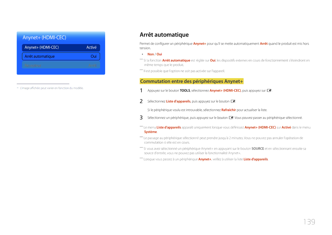 Samsung LH46UECPLGC/EN, LH55UECPLGC/EN manual 139, Arrêt automatique, Commutation entre des périphériques Anynet+, Non / Oui 