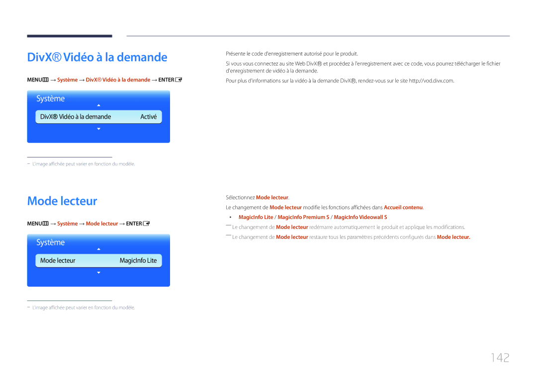 Samsung LH55UECPLGC/EN, LH46UECPLGC/EN manual Mode lecteur, 142, MENUm → Système → DivX Vidéo à la demande → Entere 