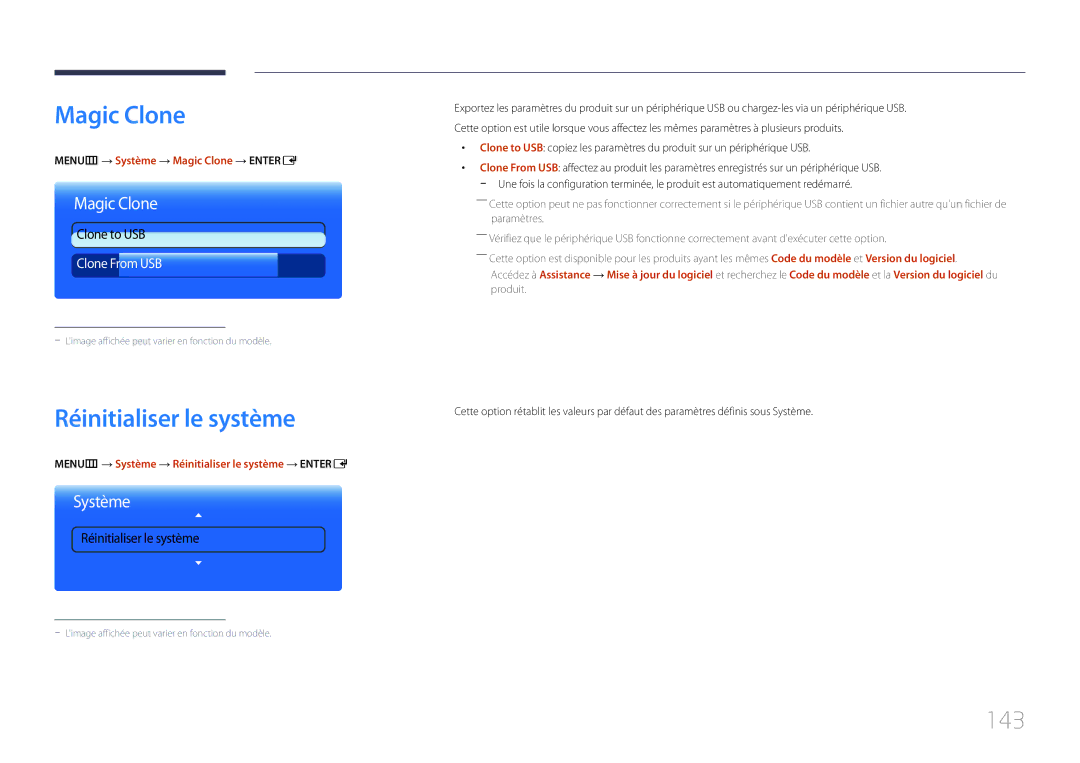 Samsung LH46UECPLGC/EN, LH55UECPLGC/EN manual Magic Clone, Réinitialiser le système, 143 