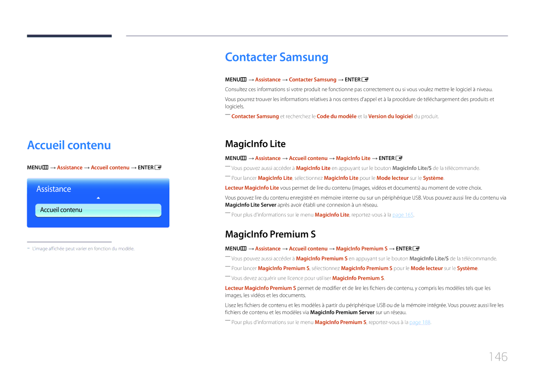 Samsung LH55UECPLGC/EN, LH46UECPLGC/EN manual Accueil contenu, Contacter Samsung, 146, MagicInfo Lite, MagicInfo Premium S 