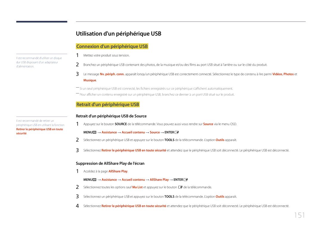 Samsung LH46UECPLGC/EN 151, Utilisation dun périphérique USB, Connexion dun périphérique USB, Retrait dun périphérique USB 