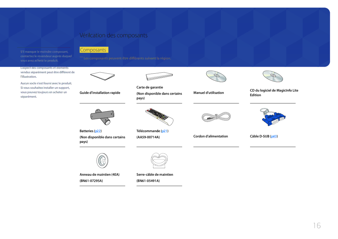 Samsung LH55UECPLGC/EN, LH46UECPLGC/EN manual Vérification des composants, Composants 