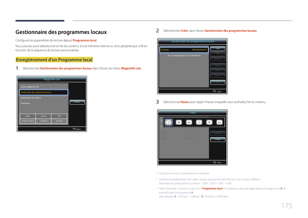 Samsung LH46UECPLGC/EN, LH55UECPLGC/EN manual 175, Gestionnaire des programmes locaux, Enregistrement dun Programme local 