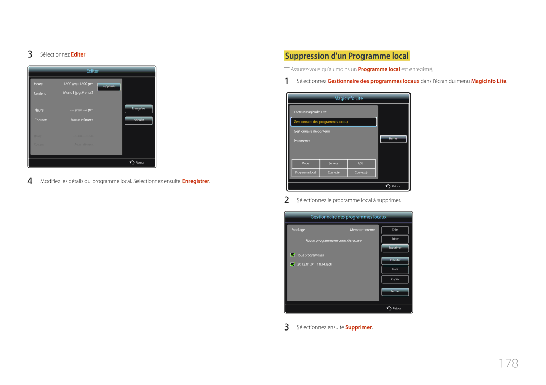 Samsung LH55UECPLGC/EN manual 178, Suppression dun Programme local, Sélectionnez Editer, Sélectionnez ensuite Supprimer 