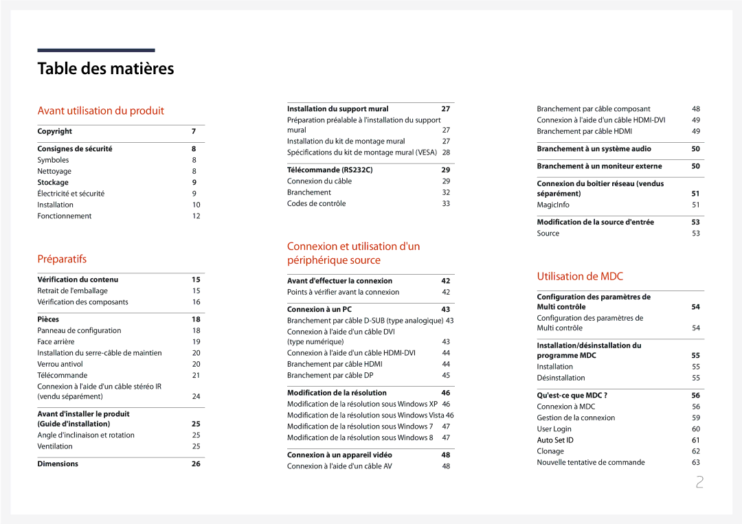 Samsung LH55UECPLGC/EN, LH46UECPLGC/EN manual Table des matières 