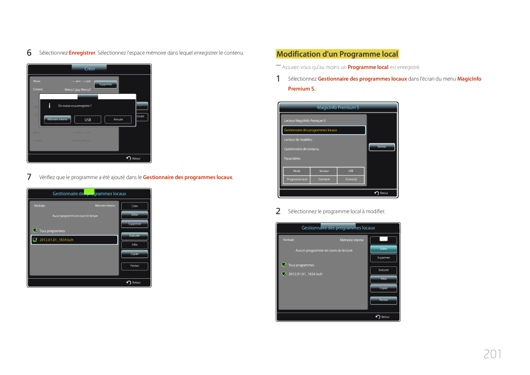 Samsung LH46UECPLGC/EN, LH55UECPLGC/EN manual 201, Sélectionnez le programme local à modifier 