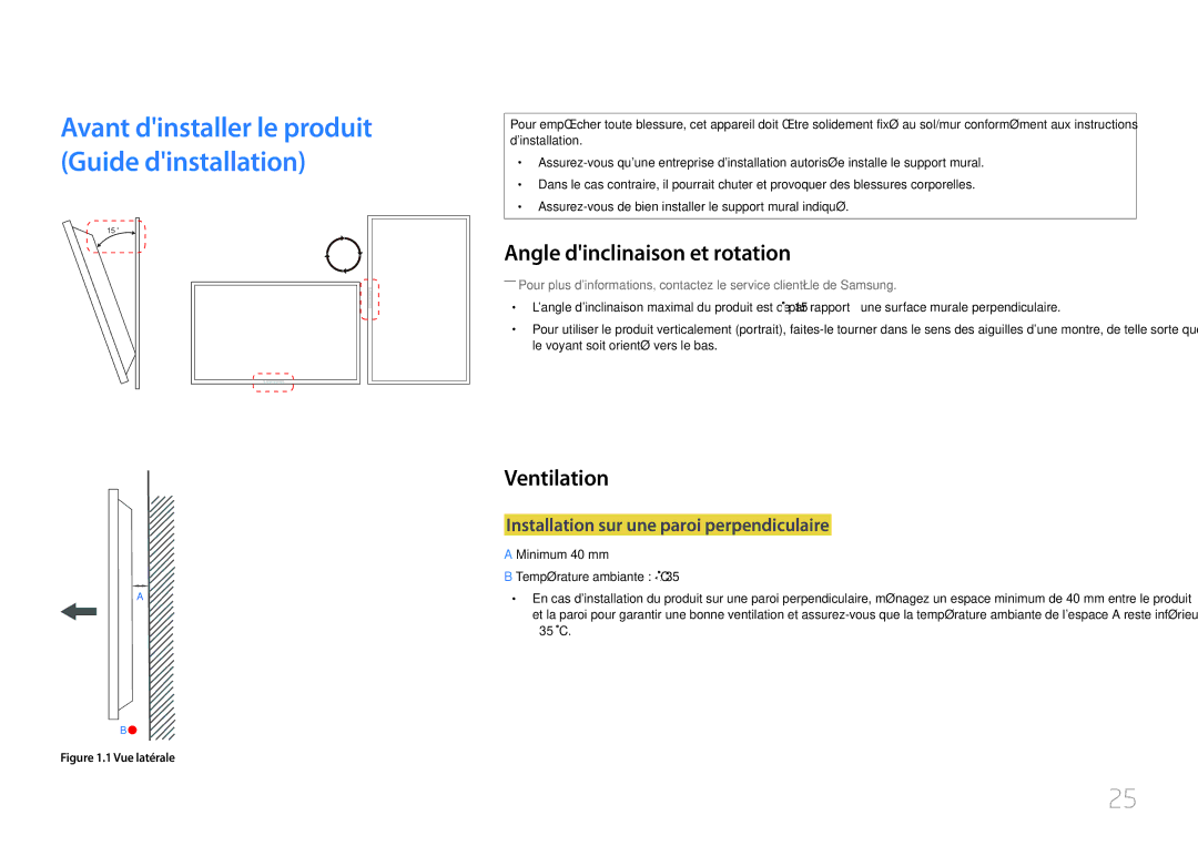 Samsung LH46UECPLGC/EN manual Angle dinclinaison et rotation, Ventilation, Installation sur une paroi perpendiculaire 