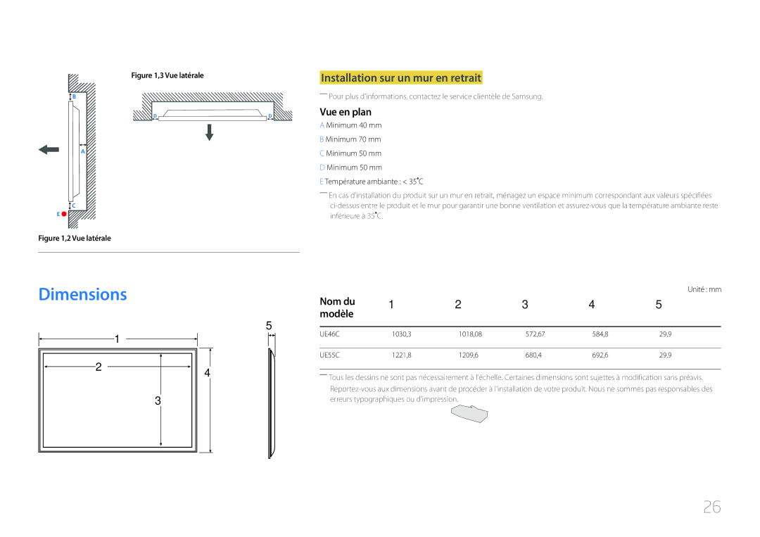 Samsung LH55UECPLGC/EN, LH46UECPLGC/EN manual Dimensions, Installation sur un mur en retrait, Vue en plan, Nom du Modèle 