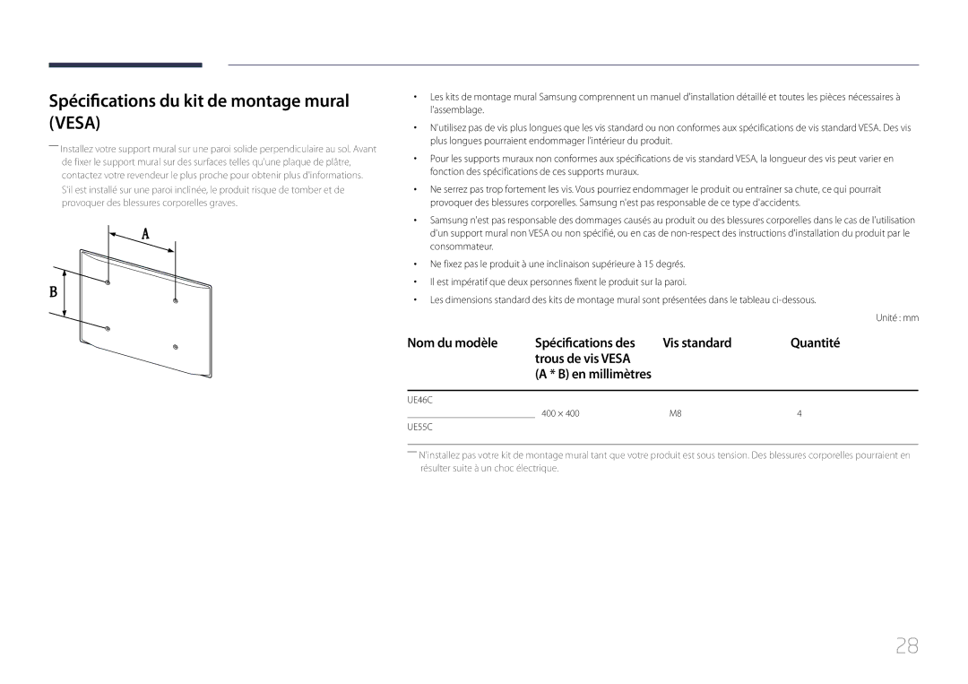 Samsung LH55UECPLGC/EN, LH46UECPLGC/EN manual Spécifications du kit de montage mural Vesa, En millimètres 