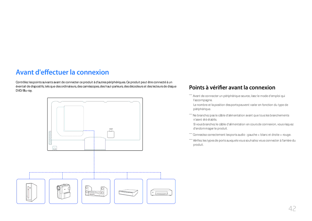 Samsung LH55UECPLGC/EN, LH46UECPLGC/EN Connexion et utilisation dun périphérique source, Avant deffectuer la connexion 