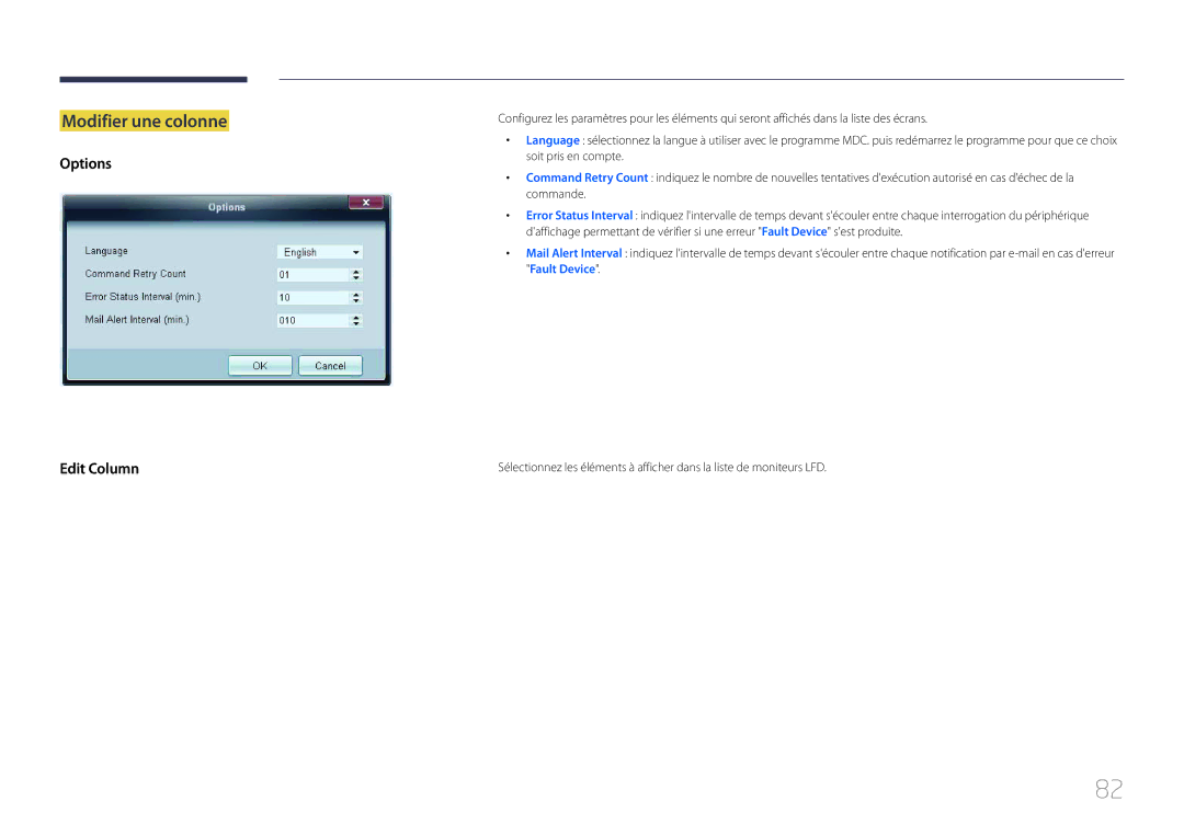 Samsung LH55UECPLGC/EN, LH46UECPLGC/EN manual Modifier une colonne, Options Edit Column 