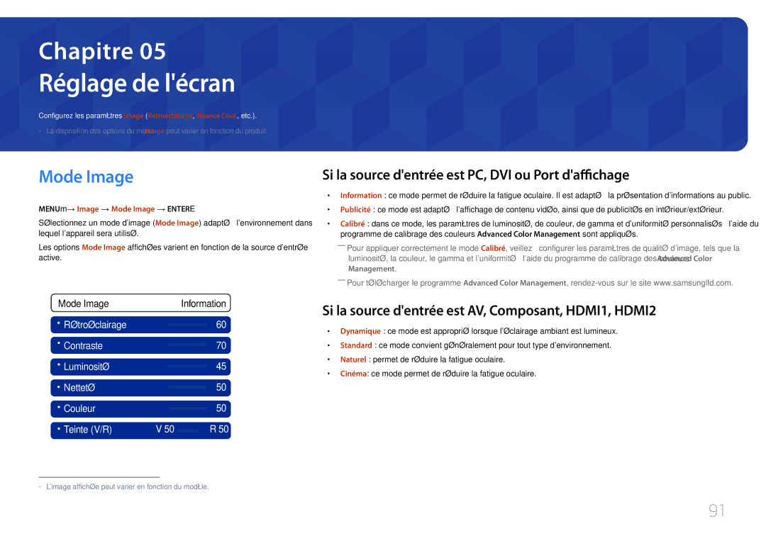 Samsung LH46UECPLGC/EN, LH55UECPLGC/EN Réglage de lécran, Mode Image, Si la source dentrée est PC, DVI ou Port daffichage 