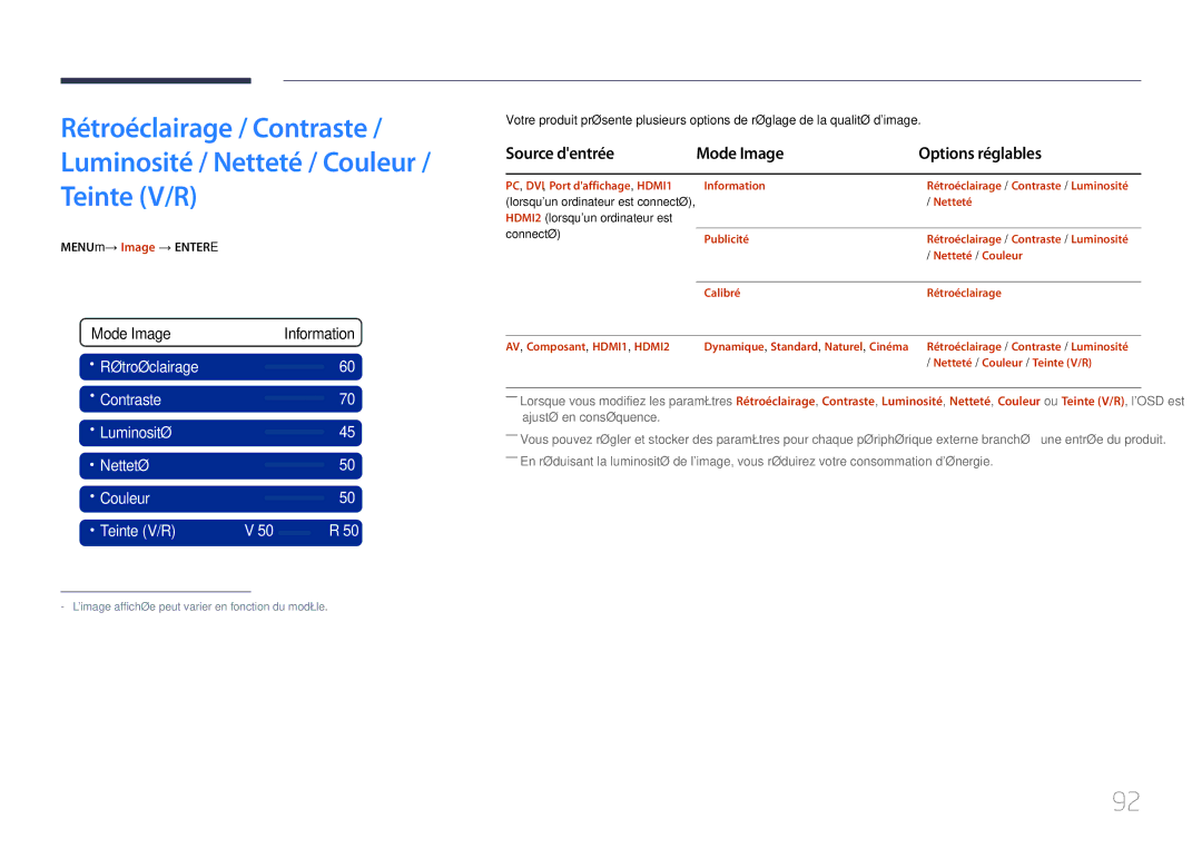 Samsung LH55UECPLGC/EN, LH46UECPLGC/EN manual Teinte V/R, Source dentrée Mode Image, MENUm→ Image → Entere 