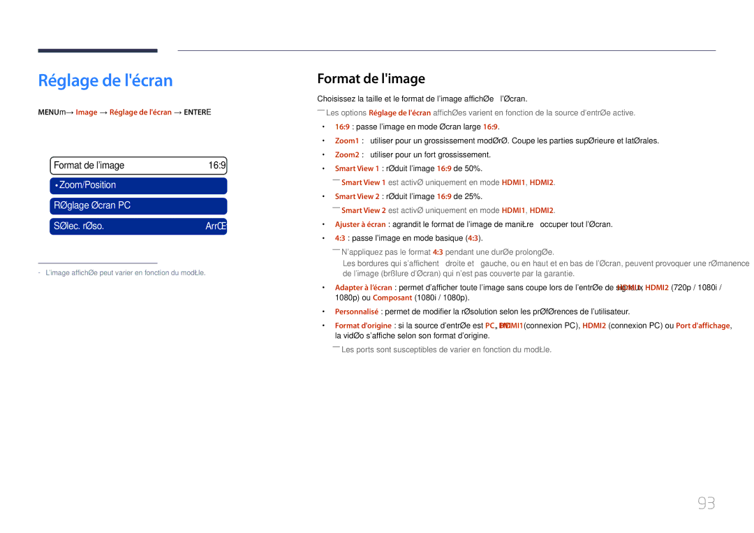 Samsung LH46UECPLGC/EN, LH55UECPLGC/EN manual Format de limage, MENUm→ Image → Réglage de lécran → Entere 