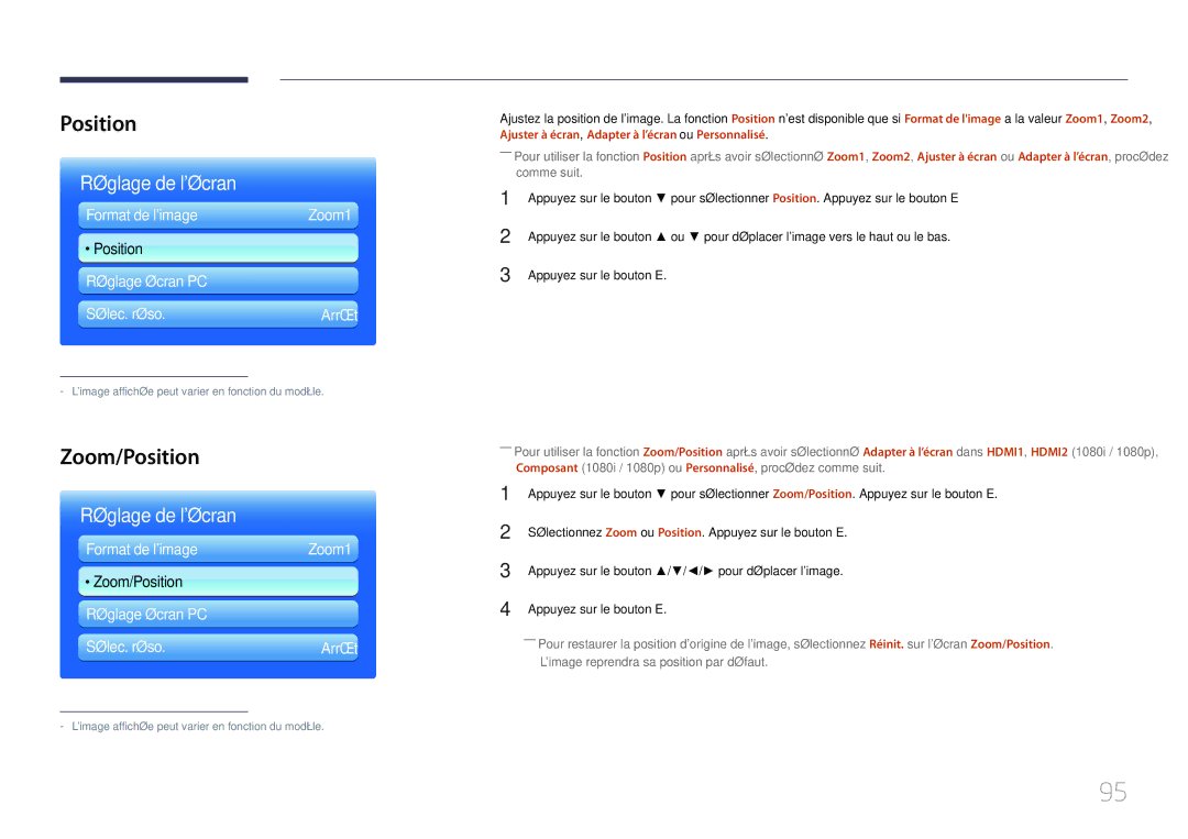 Samsung LH46UECPLGC/EN, LH55UECPLGC/EN manual Zoom/Position, Sélectionnez Zoom ou Position. Appuyez sur le bouton E 