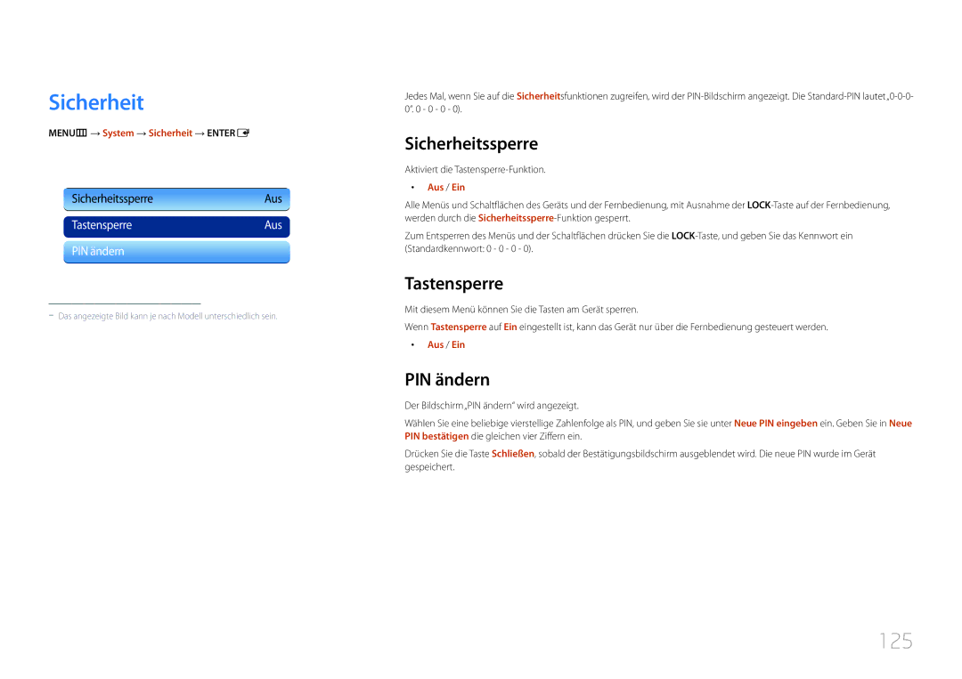 Samsung LH46UECPLGC/EN, LH55UECPLGC/EN manual 125, Sicherheitssperre, Tastensperre, PIN ändern 