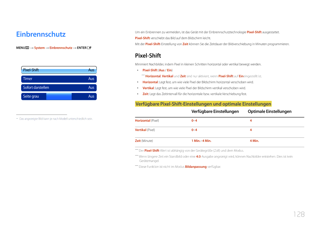 Samsung LH55UECPLGC/EN, LH46UECPLGC/EN manual Einbrennschutz, 128, Pixel-Shift, Optimale Einstellungen 