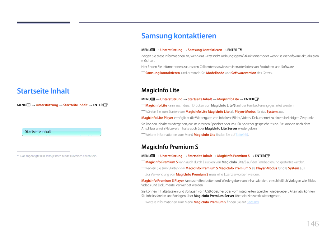 Samsung LH55UECPLGC/EN, LH46UECPLGC/EN Startseite Inhalt, Samsung kontaktieren, 146, MagicInfo Lite, MagicInfo Premium S 