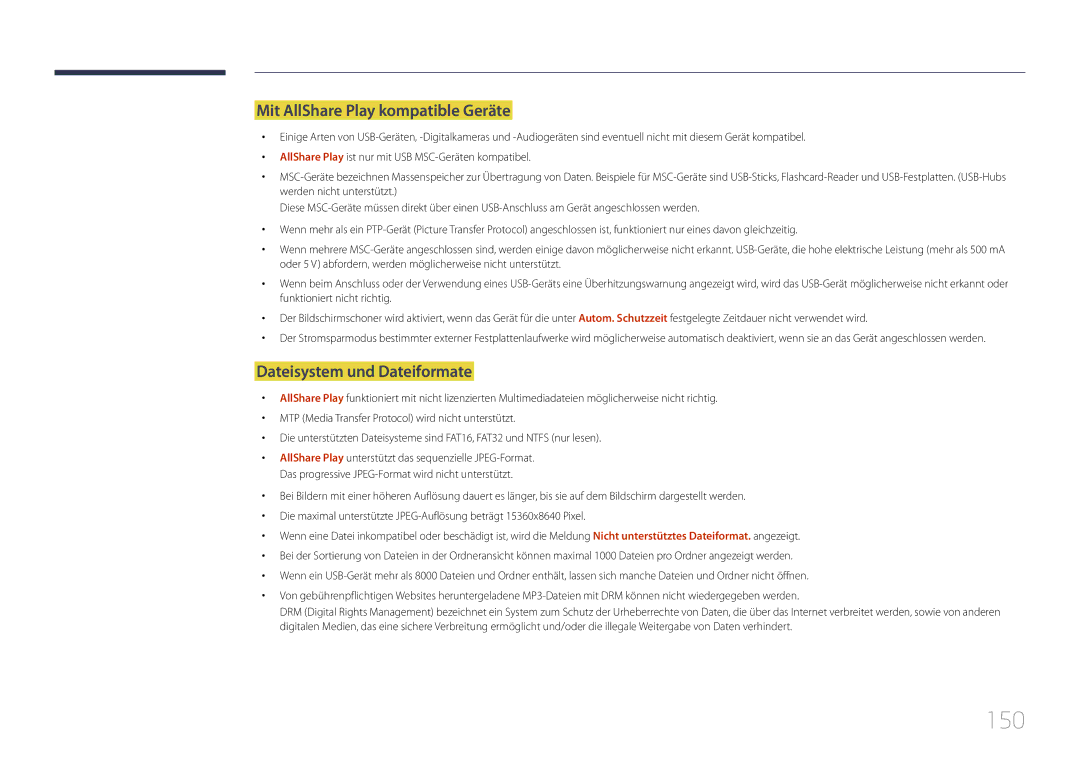 Samsung LH55UECPLGC/EN, LH46UECPLGC/EN manual 150, Mit AllShare Play kompatible Geräte, Dateisystem und Dateiformate 