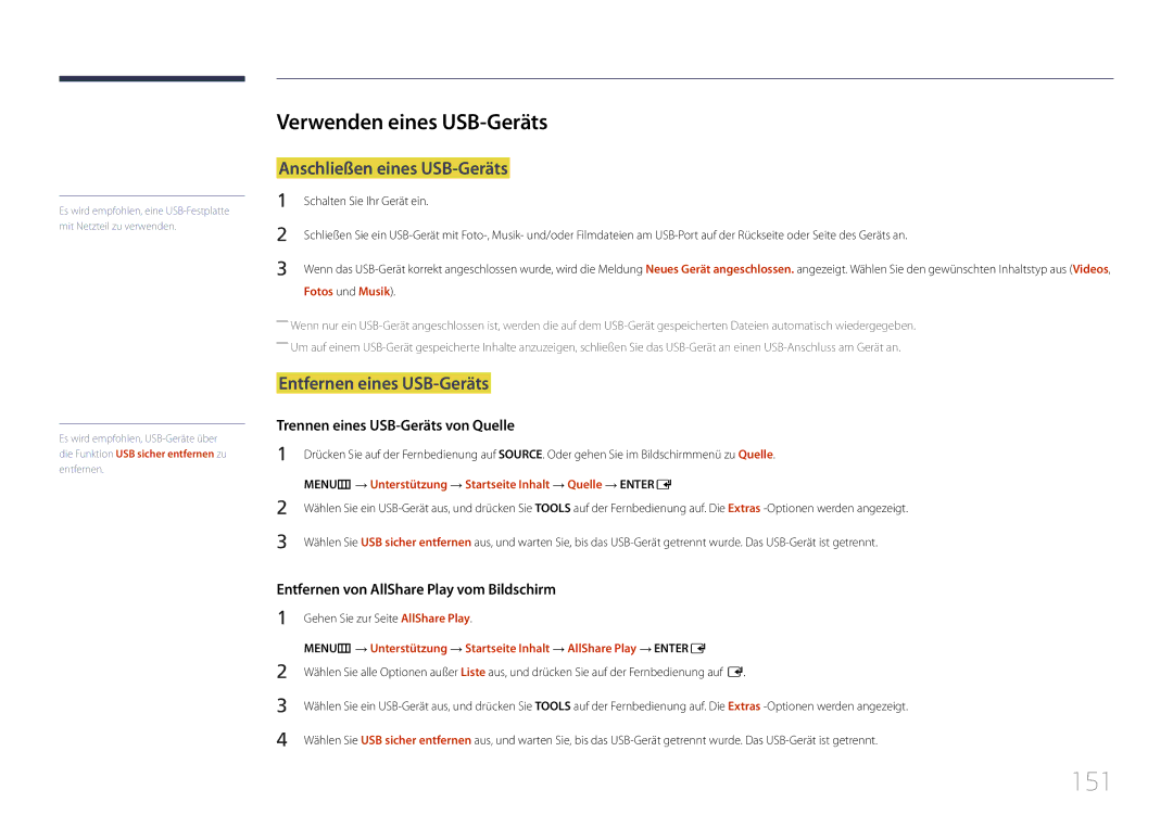 Samsung LH46UECPLGC/EN manual 151, Verwenden eines USB-Geräts, Anschließen eines USB-Geräts, Entfernen eines USB-Geräts 