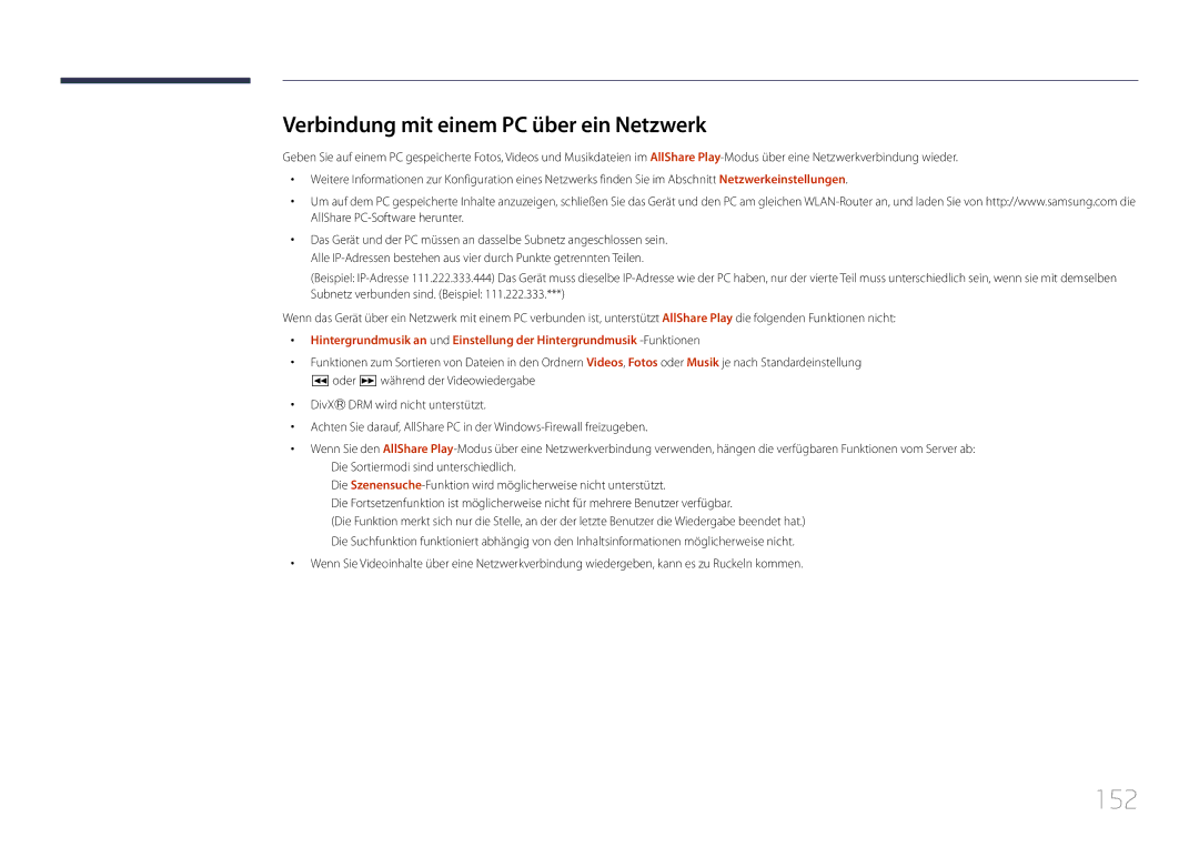 Samsung LH55UECPLGC/EN, LH46UECPLGC/EN manual 152, Verbindung mit einem PC über ein Netzwerk 