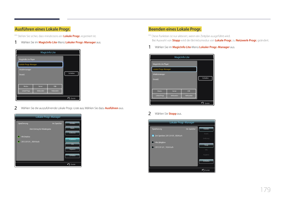 Samsung LH46UECPLGC/EN, LH55UECPLGC/EN manual 179, Ausführen eines Lokale Progr, Beenden eines Lokale Progr 