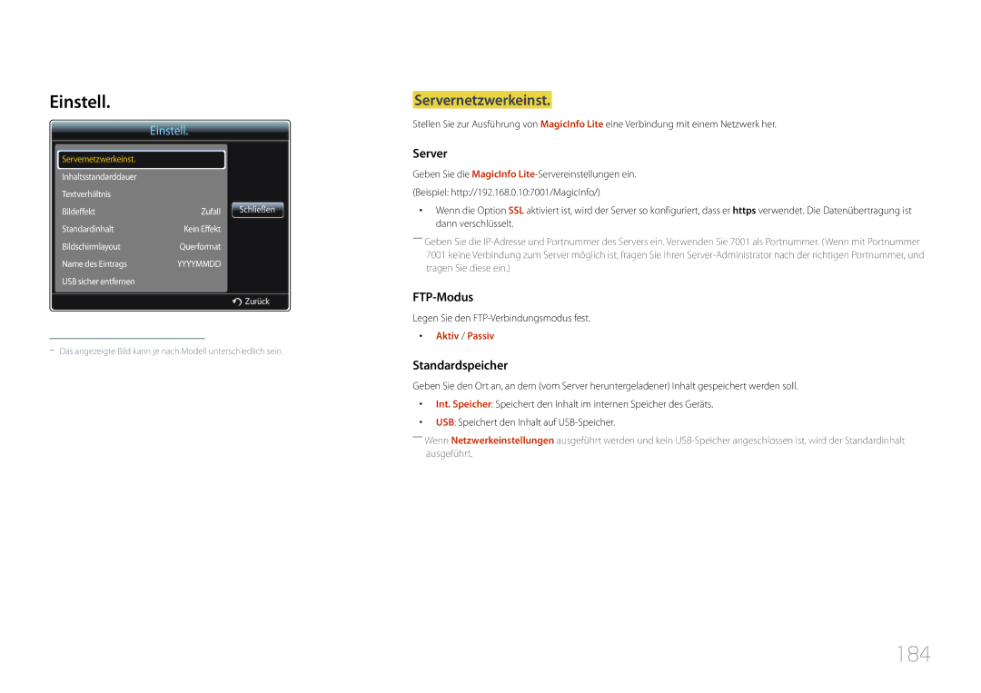 Samsung LH55UECPLGC/EN manual 184, Einstell, Servernetzwerkeinst, Legen Sie den FTP-Verbindungsmodus fest, Aktiv / Passiv 