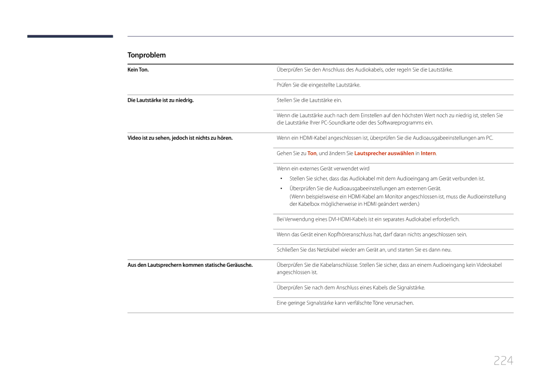 Samsung LH55UECPLGC/EN, LH46UECPLGC/EN manual 224, Tonproblem, Kein Ton, Die Lautstärke ist zu niedrig 