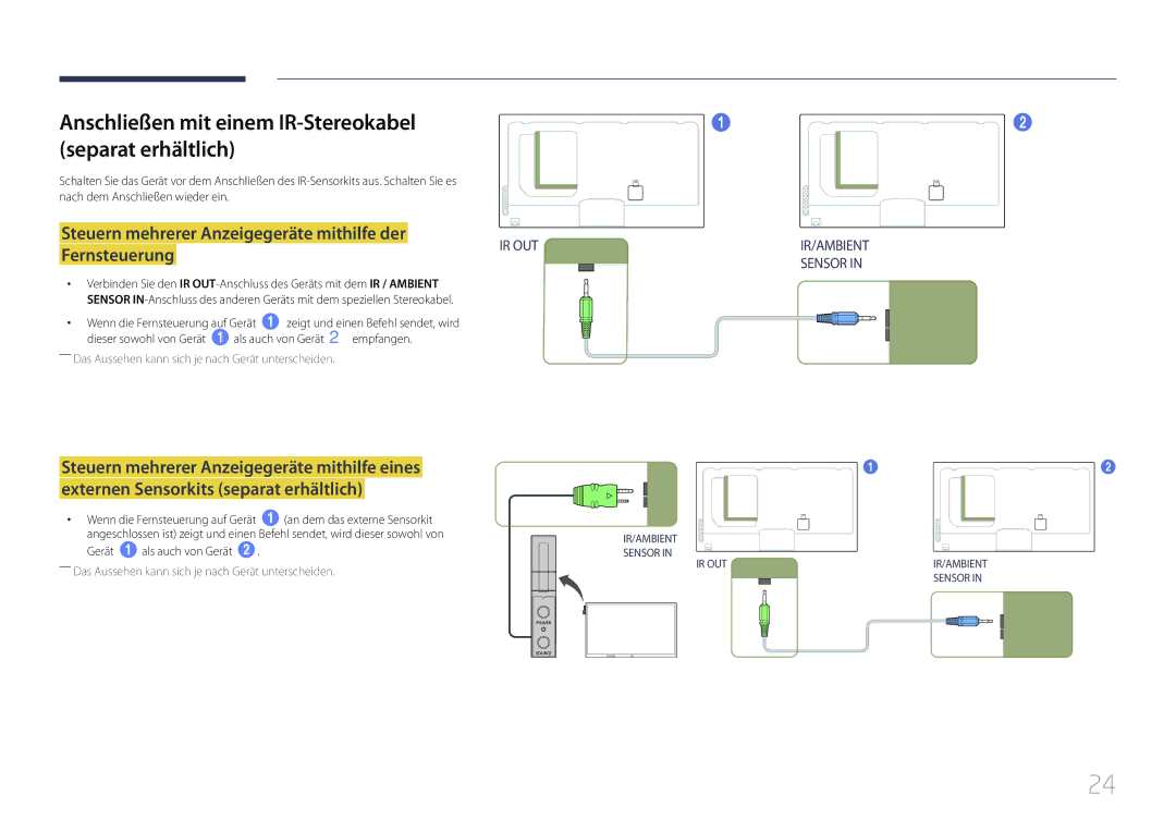 Samsung LH55UECPLGC/EN, LH46UECPLGC/EN Anschließen mit einem IR-Stereokabel separat erhältlich, Gerät 1 als auch von Gerät 