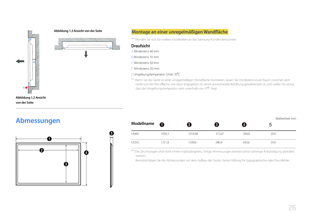 Samsung LH55UECPLGC/EN, LH46UECPLGC/EN Abmessungen, Montage an einer unregelmäßigen Wandfläche, Draufsicht, Modellname 