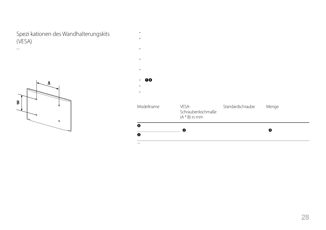 Samsung LH55UECPLGC/EN, LH46UECPLGC/EN manual Spezifikationen des Wandhalterungskits Vesa, Menge 