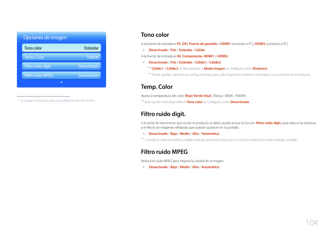 Samsung LH55UECPLGC/EN, LH46UECPLGC/EN manual 104, Tono color, Temp. Color, Filtro ruido digit, Filtro ruido Mpeg 