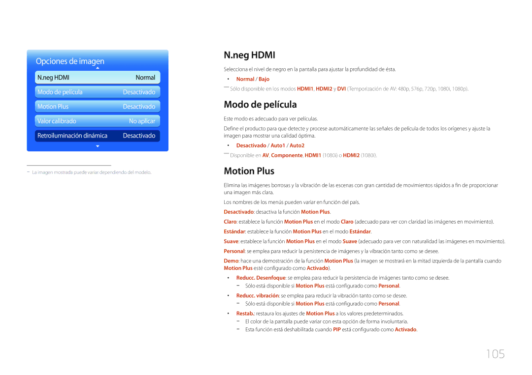 Samsung LH46UECPLGC/EN, LH55UECPLGC/EN manual 105, Neg Hdmi, Modo de película, Motion Plus 