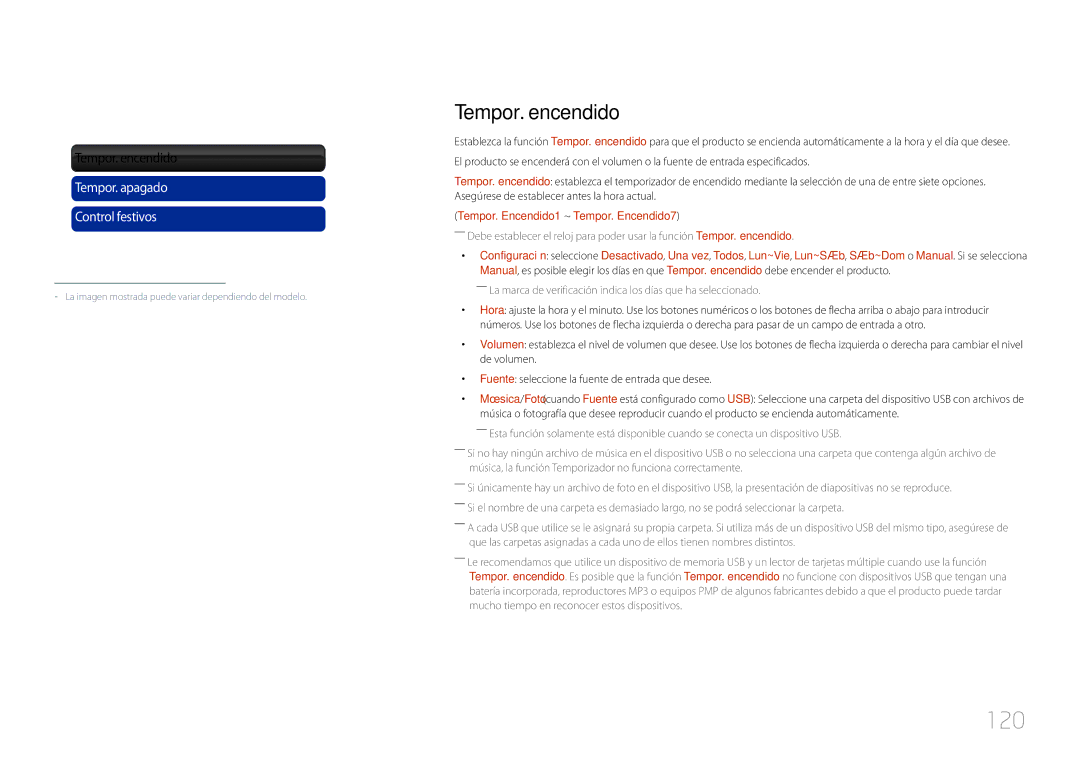 Samsung LH55UECPLGC/EN, LH46UECPLGC/EN manual 120, Tempor. encendido, Tempor. Encendido1 ~ Tempor. Encendido7 