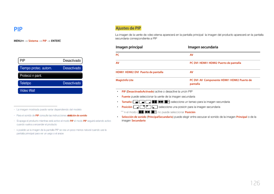 Samsung LH55UECPLGC/EN, LH46UECPLGC/EN manual 126, Ajustes de PIP, Imagen principal Imagen secundaria, Tamaño 