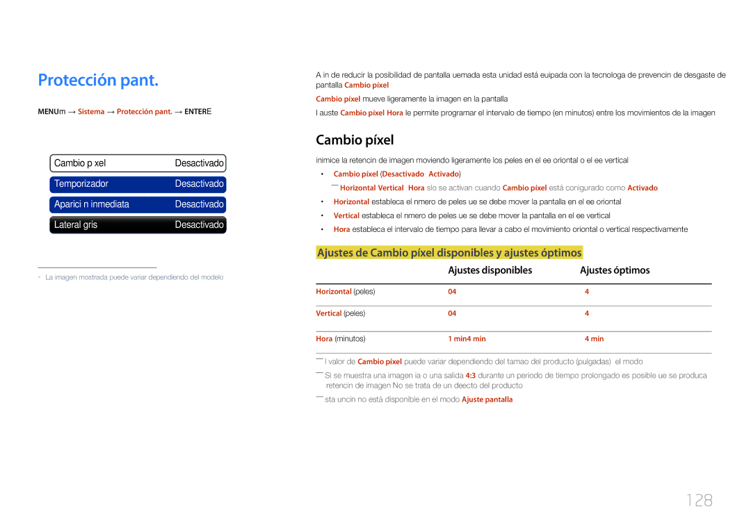 Samsung LH55UECPLGC/EN, LH46UECPLGC/EN Protección pant, 128, Ajustes de Cambio píxel disponibles y ajustes óptimos 