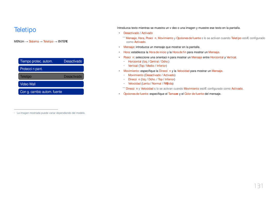 Samsung LH46UECPLGC/EN, LH55UECPLGC/EN manual 131, MENUm → Sistema → Teletipo → Entere, Vertical Top / Medio / Inferior 