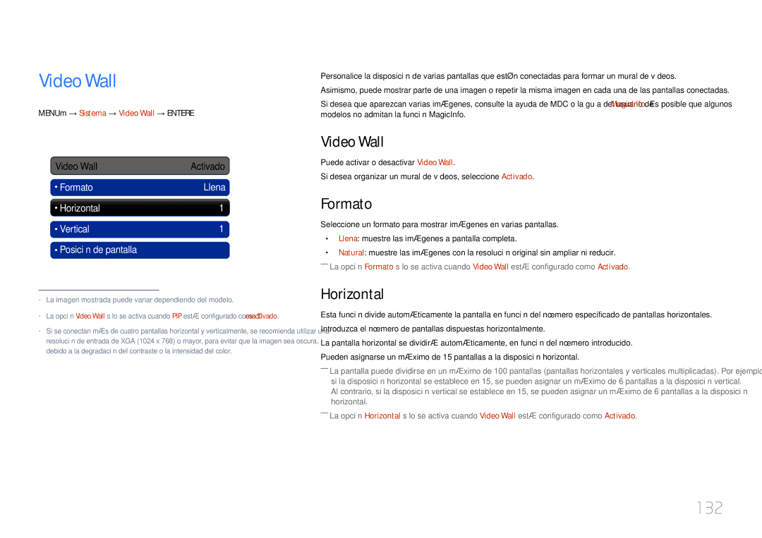 Samsung LH55UECPLGC/EN, LH46UECPLGC/EN manual Video Wall, 132, Formato, Horizontal 