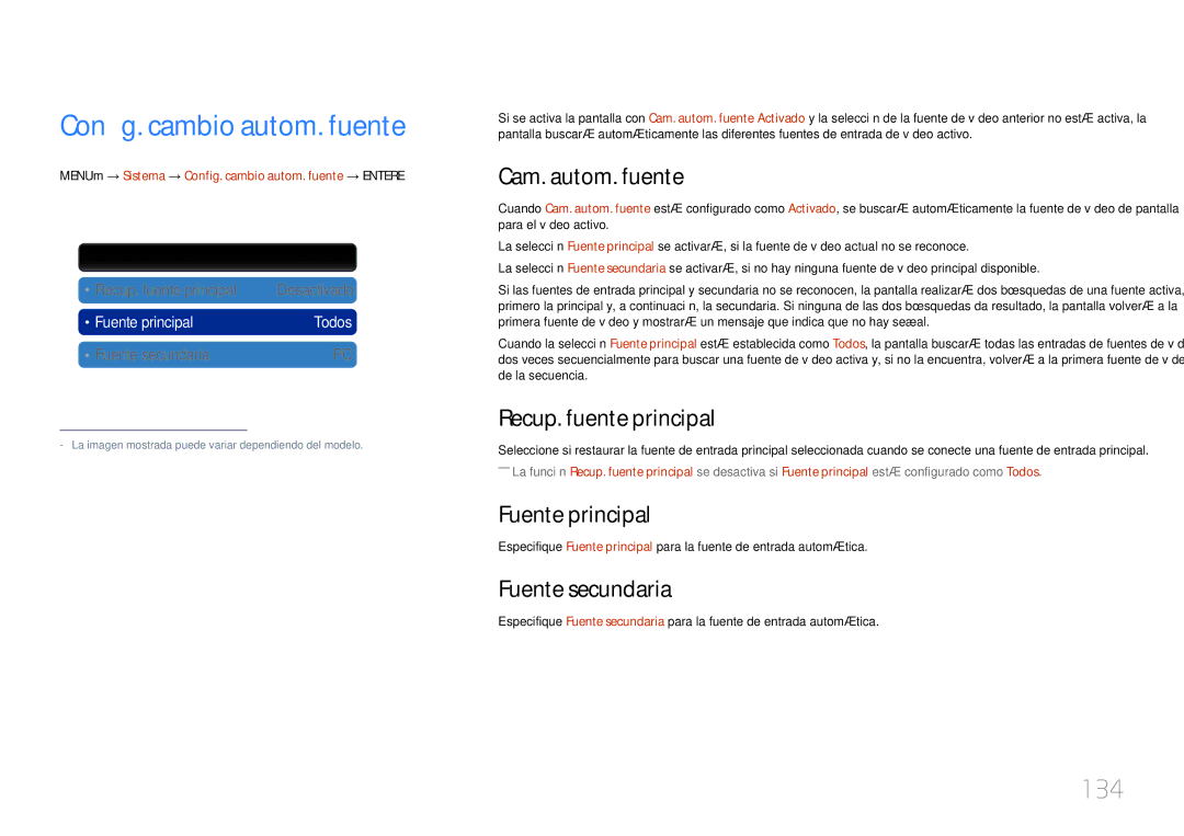 Samsung LH55UECPLGC/EN, LH46UECPLGC/EN manual Config. cambio autom. fuente, 134 