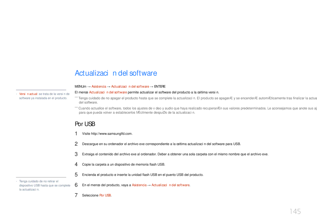 Samsung LH46UECPLGC/EN, LH55UECPLGC/EN manual Soporte técnico, Actualización del software, 145, Por USB 