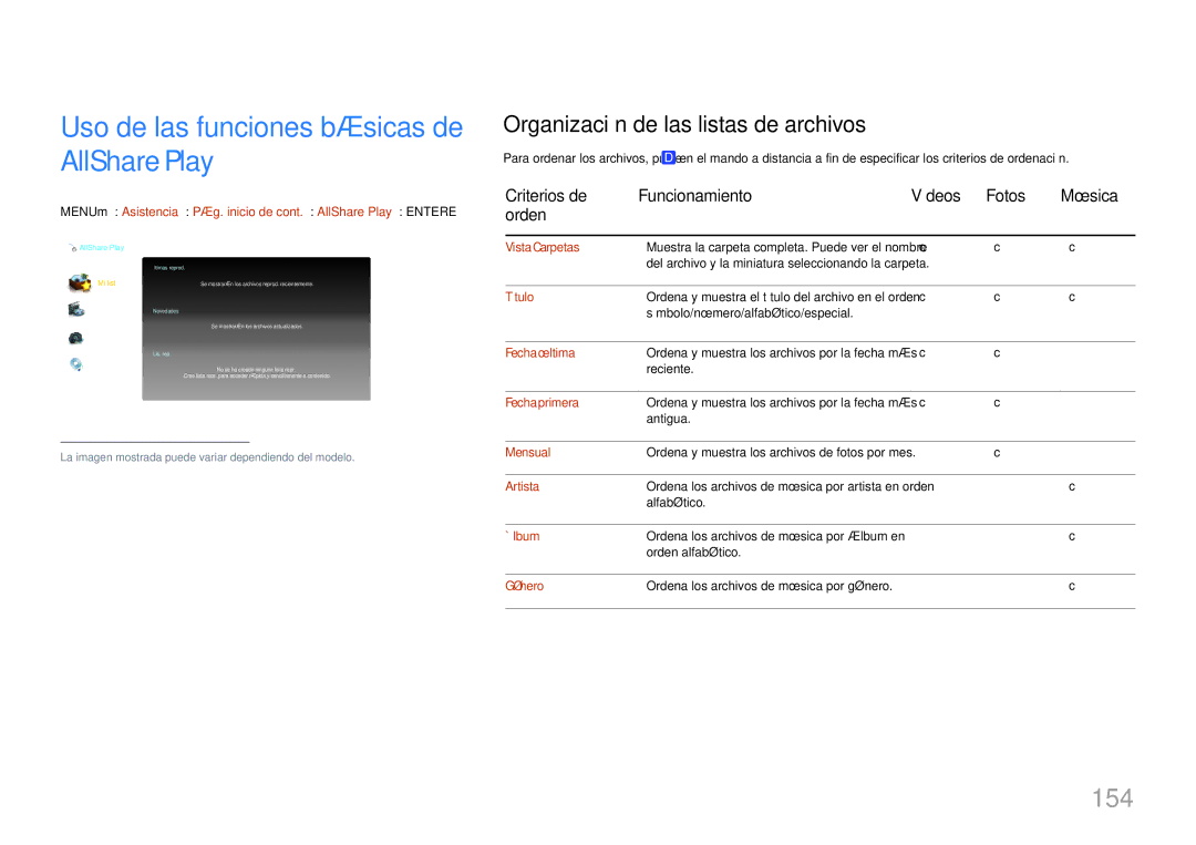 Samsung LH55UECPLGC/EN manual Uso de las funciones básicas de AllShare Play, 154, Organización de las listas de archivos 