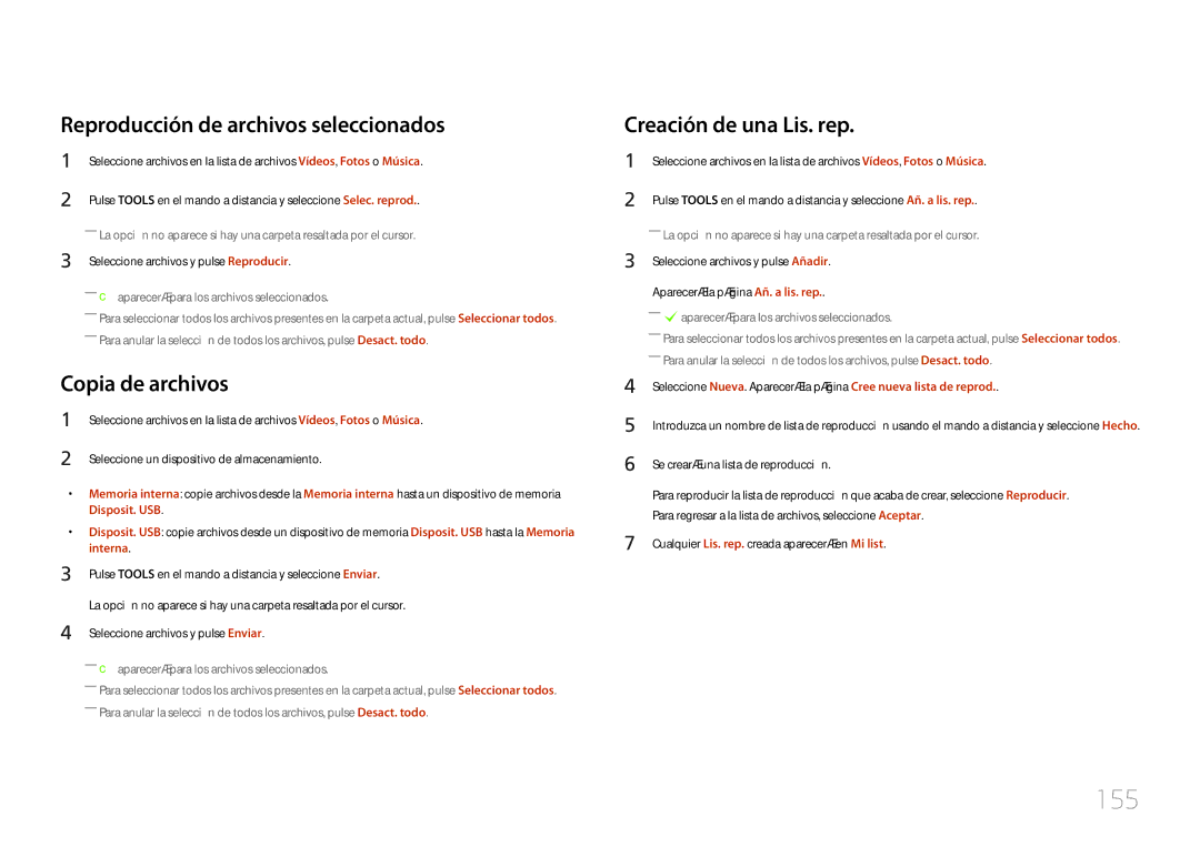 Samsung LH46UECPLGC/EN manual 155, Reproducción de archivos seleccionados, Copia de archivos, Creación de una Lis. rep 