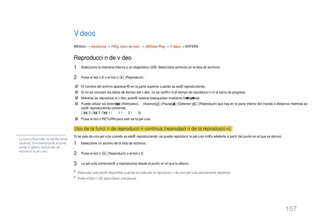 Samsung LH46UECPLGC/EN, LH55UECPLGC/EN manual Vídeos, 157, Reproducción de vídeo, Pulse el botón E o el botón ∂Reproducir 