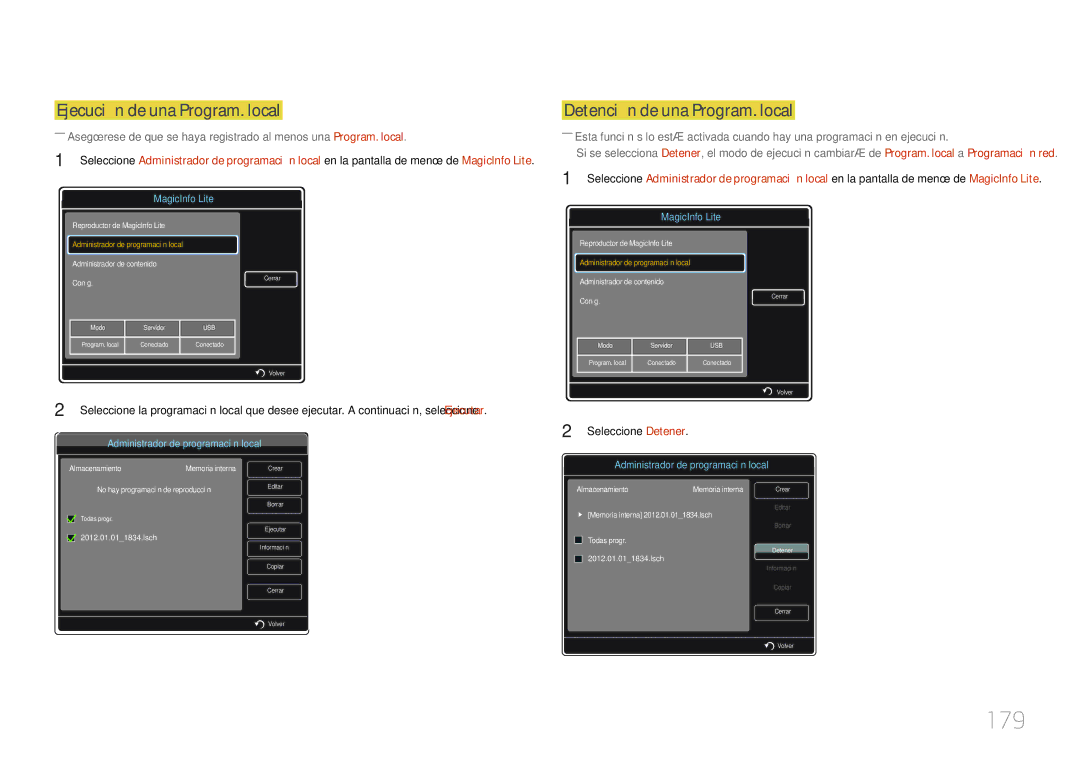 Samsung LH46UECPLGC/EN, LH55UECPLGC/EN manual 179, Ejecución de una Program. local, Detención de una Program. local 