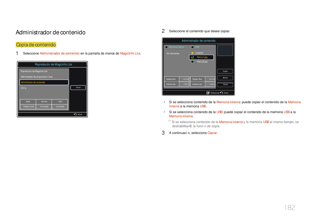 Samsung LH55UECPLGC/EN manual 182, Administrador de contenido, Copia de contenido, Continuación, seleccione Copiar 