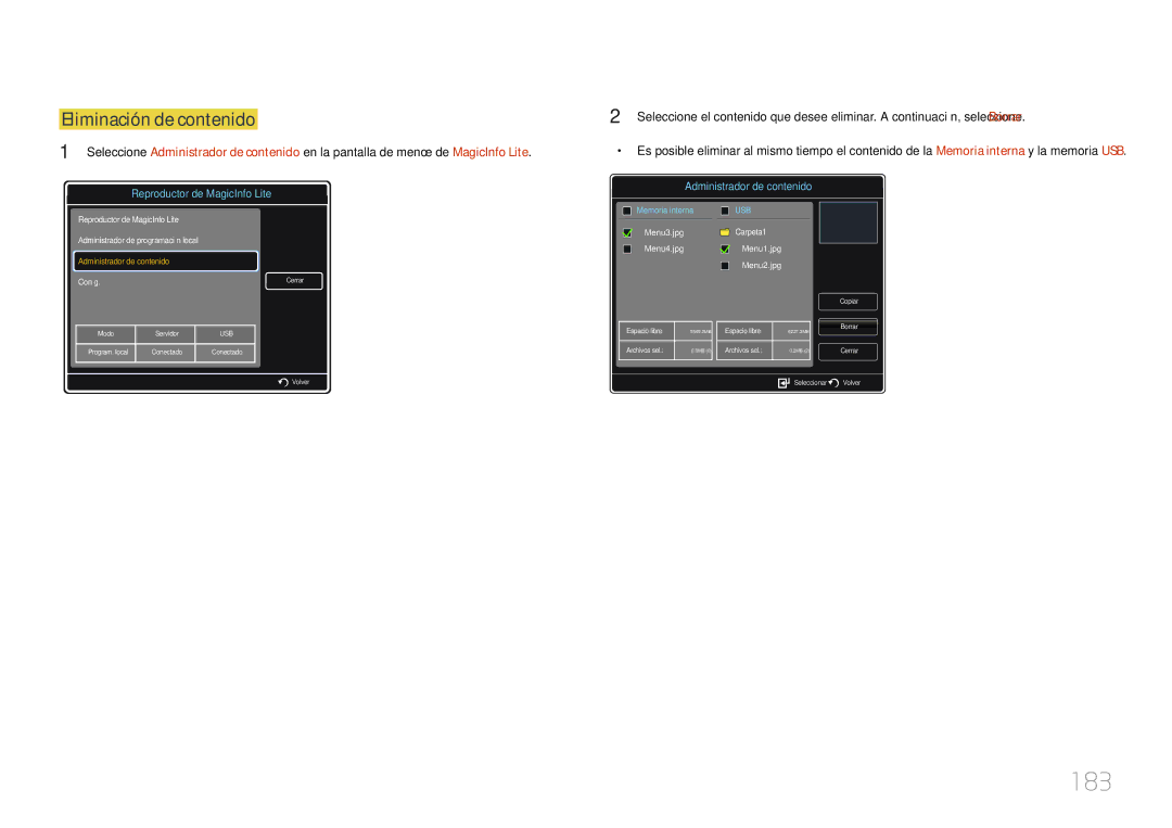 Samsung LH46UECPLGC/EN, LH55UECPLGC/EN manual 183, Eliminación de contenido 