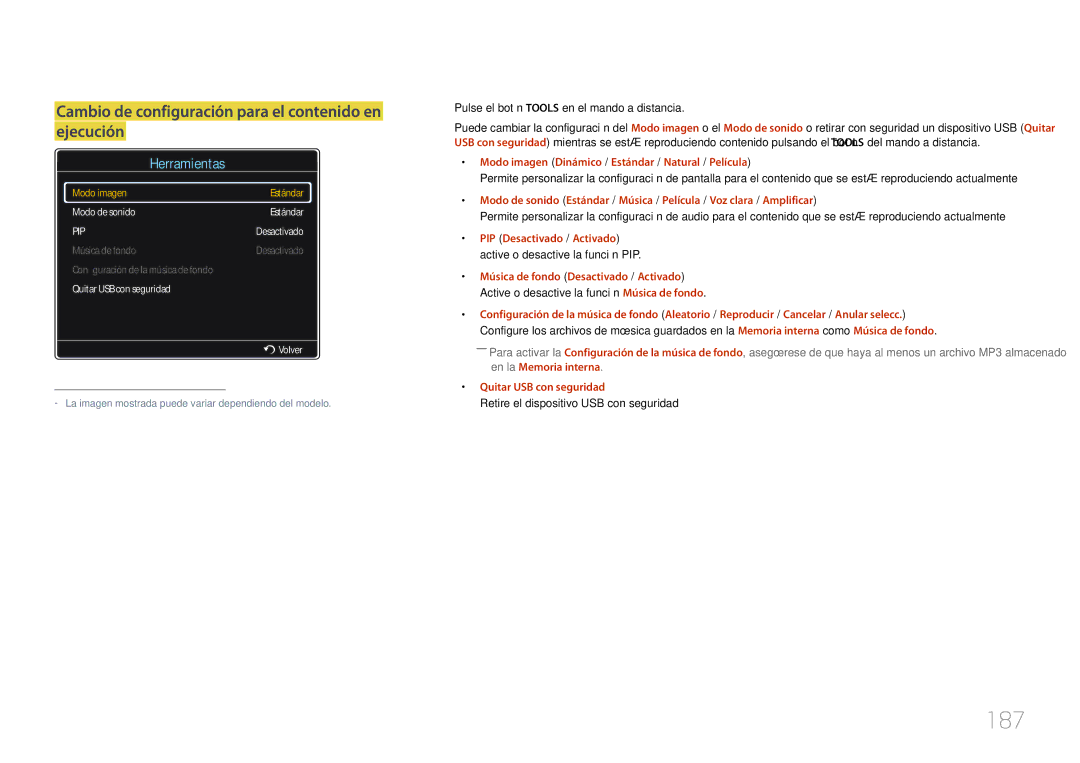 Samsung LH46UECPLGC/EN manual 187, Cambio de configuración para el contenido en ejecución, Quitar USB con seguridad 